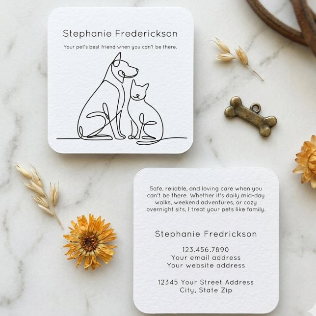 Pet Sitter One Line Art Continuous Drawing Square Business Card (Square business cards for a pet sitter, perfect for networking at a local community event.)