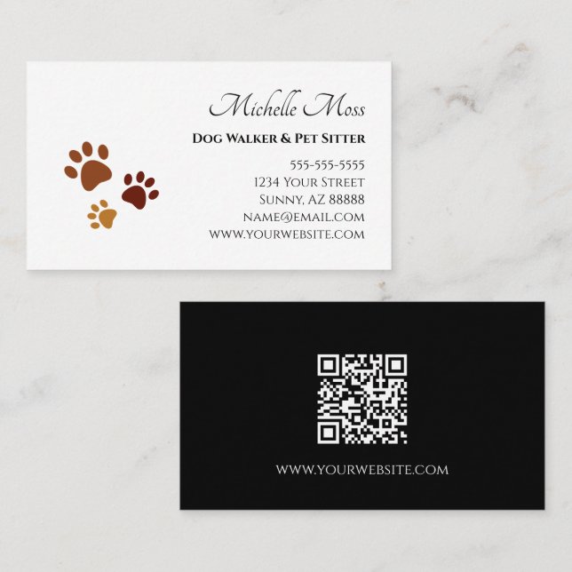 Pet Sitter QR code Cute Brown Paw Prints  Business Card (Front/Back)
