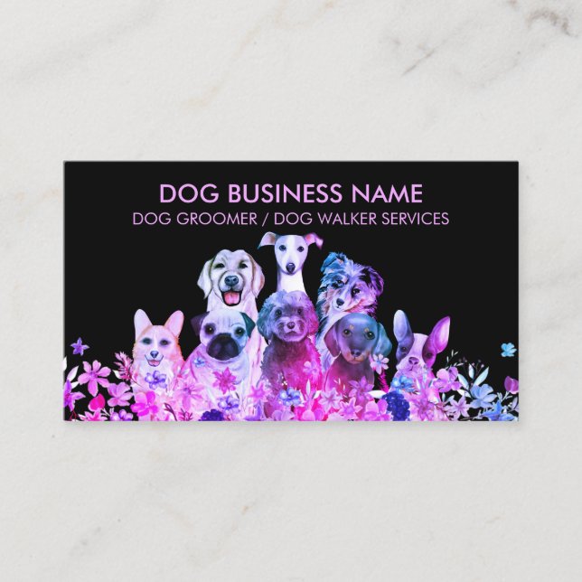 Pet Sitter Walker dog petcare black purple Business Card (Front)