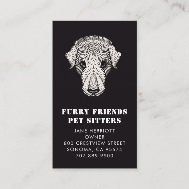 Pet Sitter White On Black Business Card (Front)