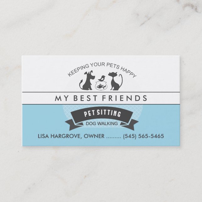 Pet Sitting & Care Blue & White Retro Design Business Card (Front)