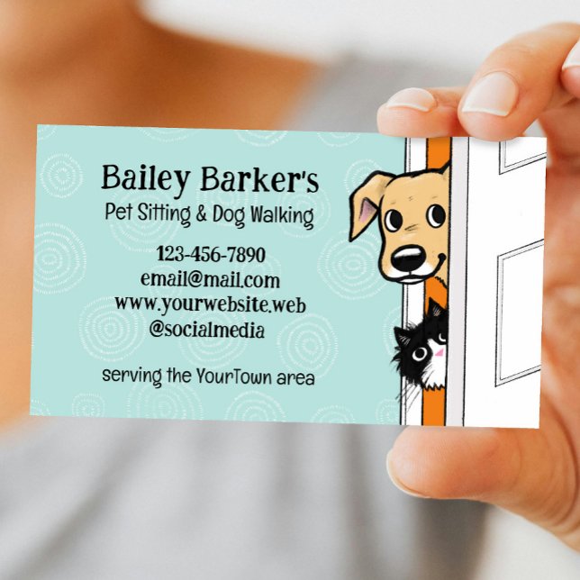 Pet Sitting Cute Peeking Dog and Cat Animal Care Business Card (Creator Uploaded)