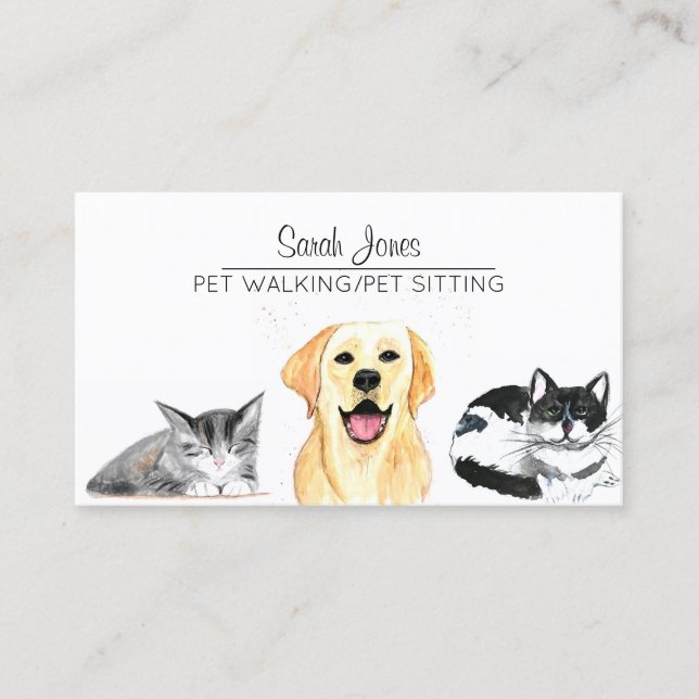 Pet Sitting Dog Cat Training Watercolor Business Card (Front)