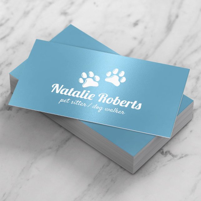 Pet Sitting Dog Paws Logo Modern Blue Business Card (Creator Uploaded)