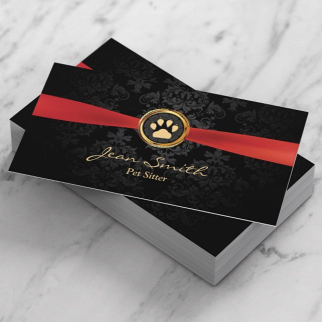 Pet Sitting Elegant Red Ribbon Gold Paw Damask Business Card (Creator Uploaded)