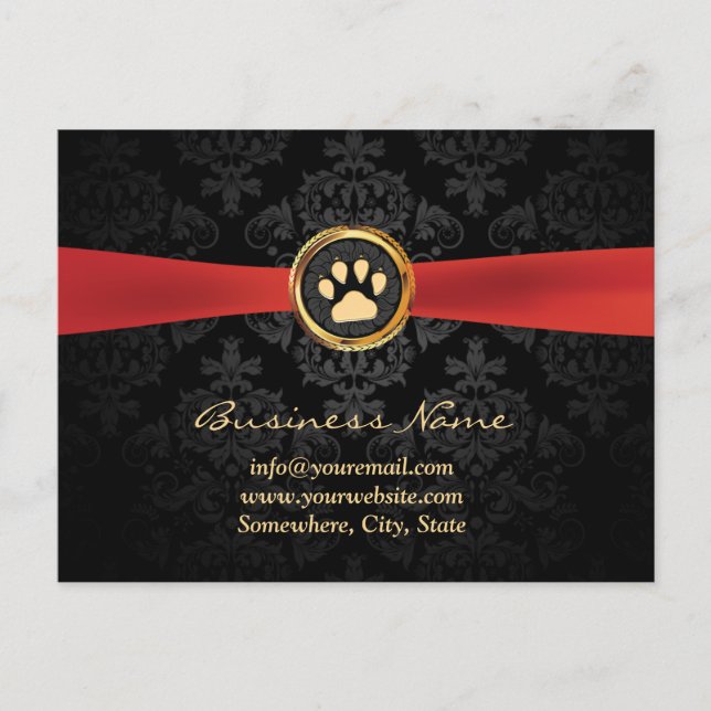 Pet Sitting Gold Paw & Red Ribbon Elegant Damask Postcard (Front)