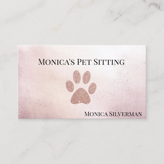 Pet Sitting Grooming Vet Rose Gold Paw Business Card (Front)