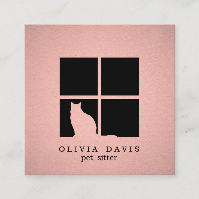Pet Sitting Services Pink Rose Gold Faux Metallic Square Business Card (Front)