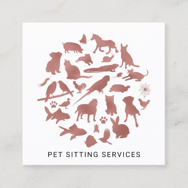 Pet Sitting Services Rose Gold & White Square Business Card (Front)