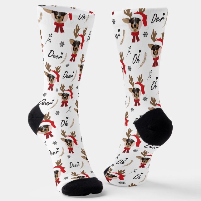 Pet Star | Custom Face Photo Reindeer Christmas Socks (Angled)