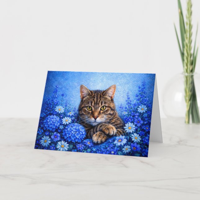 Pet Sympathy Blue Floral Tabby Cat Card (Front)