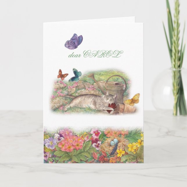 pet sympathy, cat in garden, heartfelt message card (Front)