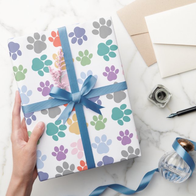Pet Themed Colourful Dog Paw Prints Pattern Cute Wrapping Paper (Gifting)