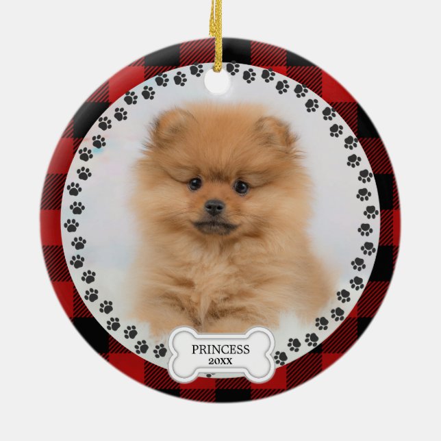  Pet Two Photo Christmas Red Plaid Personalised  Ceramic Ornament (Back)
