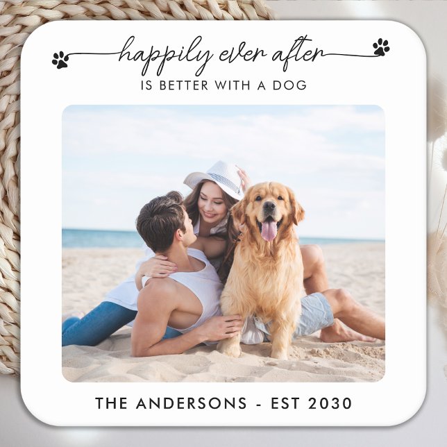 Pet Wedding Custom Photo Dog Happily Ever After Square Paper Coaster (Creator Uploaded)