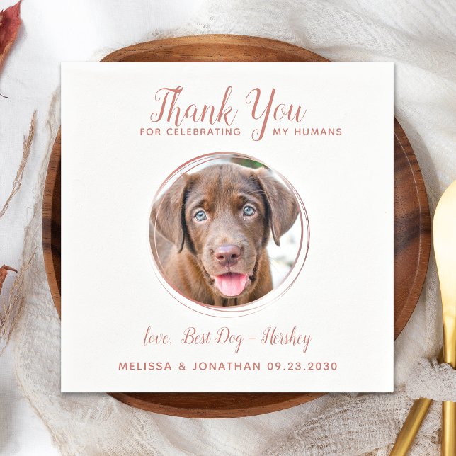 Pet Wedding Modern Rose Gold Dog Photo Thank You Napkin (Creator Uploaded)