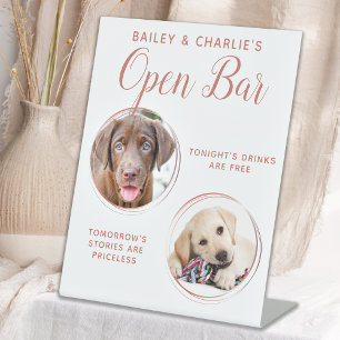 Pet Wedding Open Bar Dog 2 Photo Rose Gold Drinks Pedestal Sign