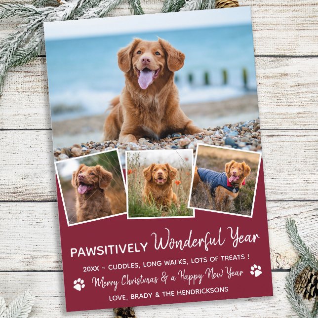 Pet Year in Review Red Dog Photo Collage Holiday Card (Creator Uploaded)
