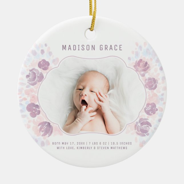 Petal Baby Girl Birth Announcement Custom Photo Ceramic Ornament (Front)
