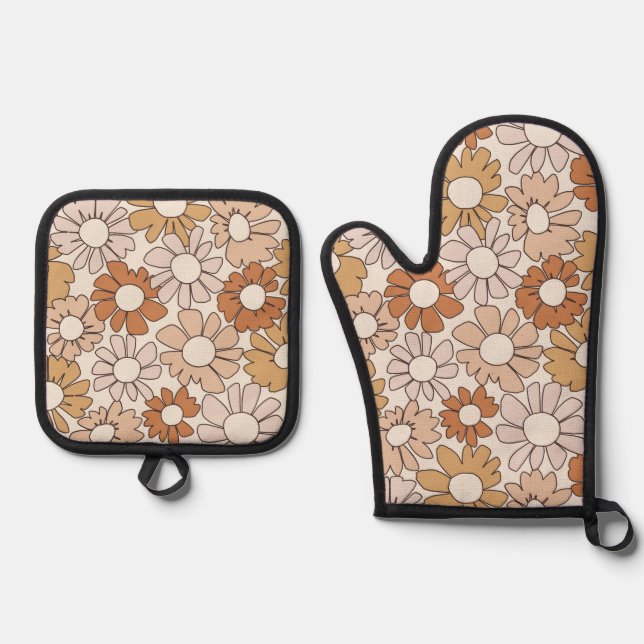 Petal Jubilee Warm Earth Boho Oven Mitt & Pot Holder Set (Front)