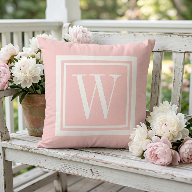 Petal Pink and White Classic Square Monogram Cushion (Creator Uploaded)