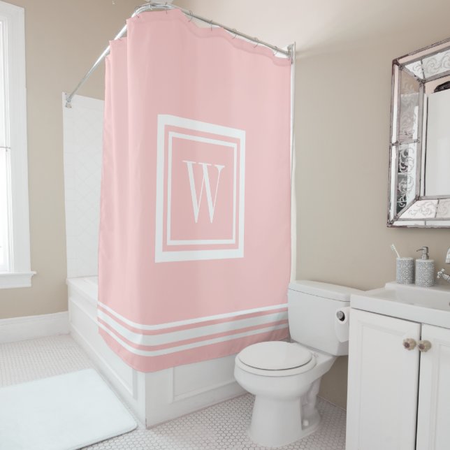 Petal Pink and White Classic Square Monogram Shower Curtain (In Situ)