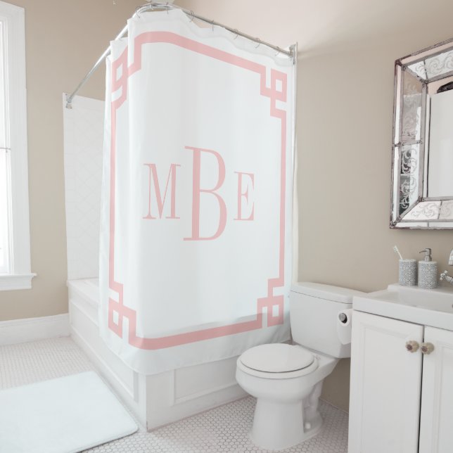 Petal Pink and White Greek Key | Monogrammed Shower Curtain (In Situ)