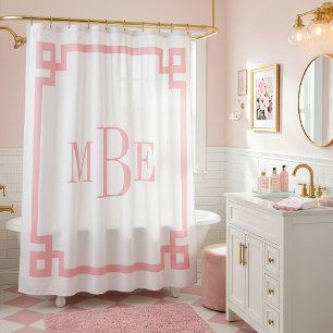 Petal Pink and White Greek Key   Monogrammed Shower Curtain