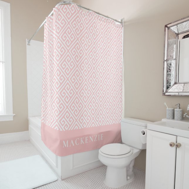 Petal Pink and White Greek Key Name Monogram Shower Curtain (In Situ)
