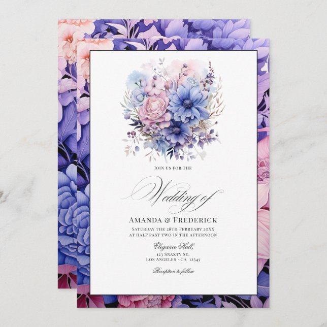 Petal Pink, Cornflower Blue & Mauve Floral Wedding Invitation (Front/Back)