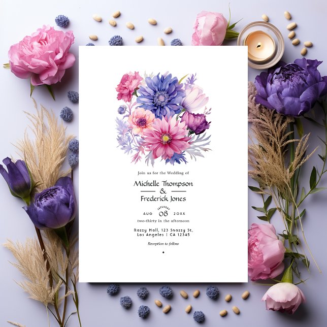 Petal Pink, Cornflower Blue & Mauve Floral Wedding Invitation (Creator Uploaded)