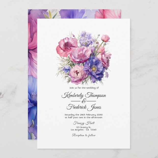 Petal Pink, Cornflower Blue & Mauve Purple Wedding Invitation (Front/Back)