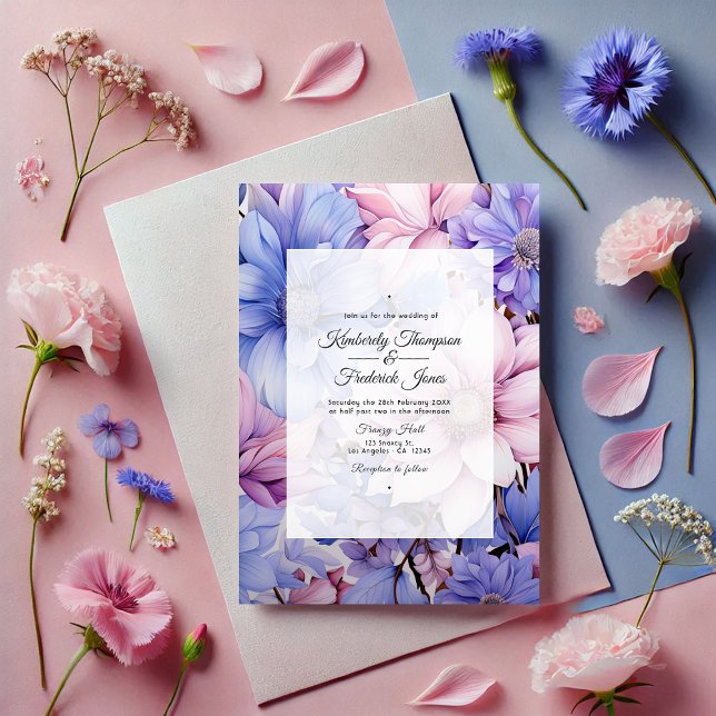 Petal Pink, Cornflower Blue & Mauve Purple Wedding Invitation (Petal Pink, Cornflower Blue & Mauve Purple Wedding Invitation)