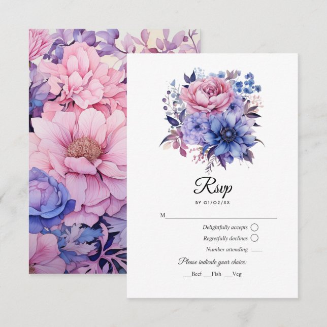 Petal Pink, Cornflower Blue & Mauve Purple Wedding RSVP Card (Front/Back)