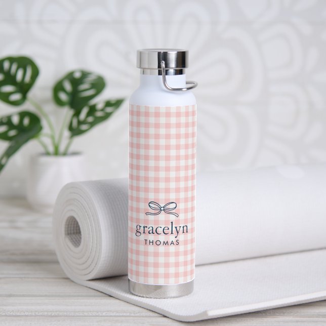 Petal Pink Gingham Bow Monogram Water Bottle (Yoga (Rotated))
