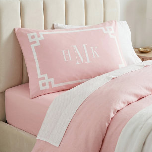 Petal Pink Greek Key Monogram Standard Pillowcase