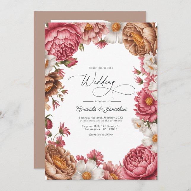 Petal Pink, Mocha Latte & Ivory Pearl Wedding Invitation (Front/Back)