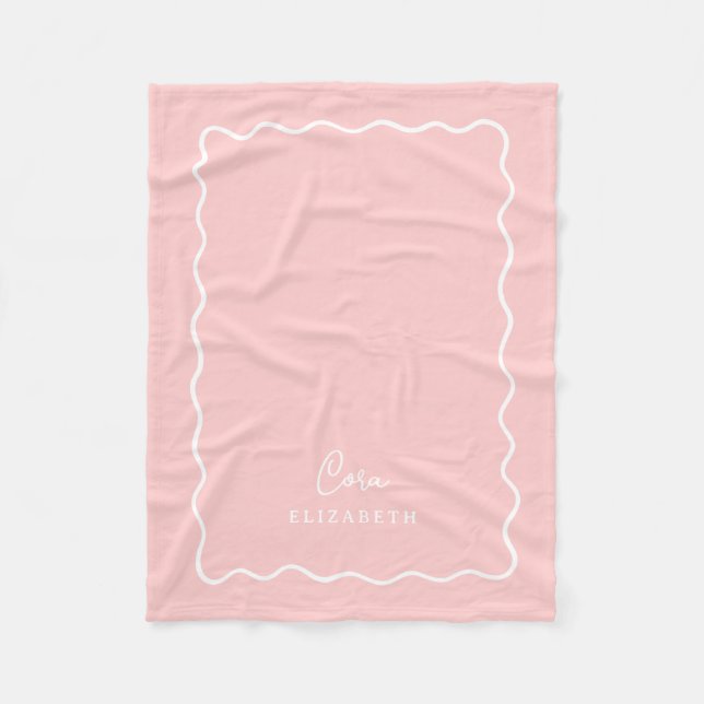 Petal Pink Wavy Border Monogrammed Fleece Blanket (Front)