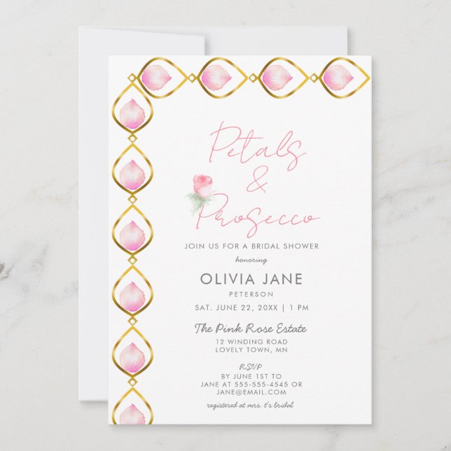 Petal Prosecco Gold Jewel Frame Rose Bridal Shower Invitation (Front)