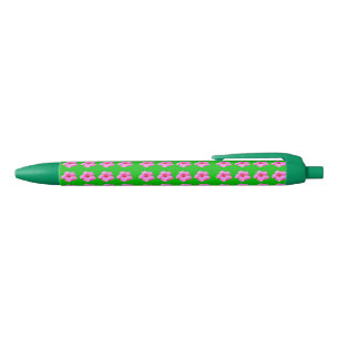 "Petal Serenity: Pink Hibiscus on a Green Canvas Blue Ink Pen