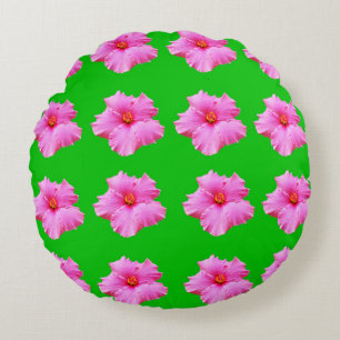 "Petal Serenity: Pink Hibiscus on a Green Canvas Round Cushion