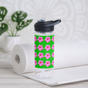"Petal Serenity: Pink Hibiscus on a Green Canvas Water Bottle