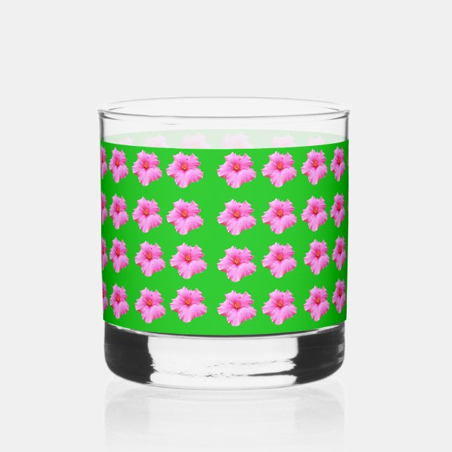 "Petal Serenity: Pink Hibiscus on a Green Canvas Whiskey Glass (Front)