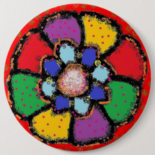 Petal shaped art colours red purple blue yellow 6 cm round badge