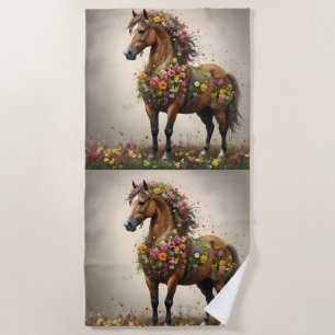 Petals And Hooves:  Brown Horse Fantasy Garden,  Beach Towel