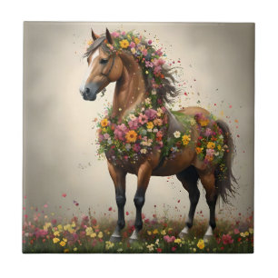 Petals And Hooves: Brown Horse Fantasy Garden, Ceramic Tile