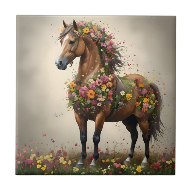 Petals And Hooves:  Brown Horse Fantasy Garden,  Ceramic Tile (Front)