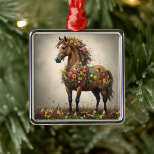 Petals And Hooves: Brown Horse Fantasy Garden, Metal Ornament