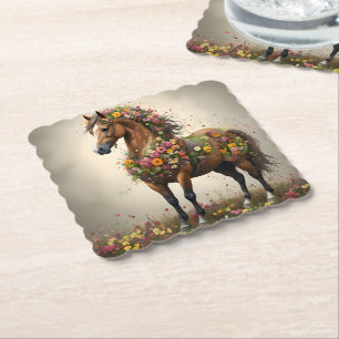 Petals And Hooves:  Brown Horse Fantasy Garden,  Paper Coaster