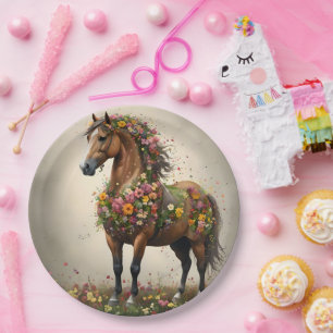 Petals And Hooves: Brown Horse Fantasy Garden, Paper Plate